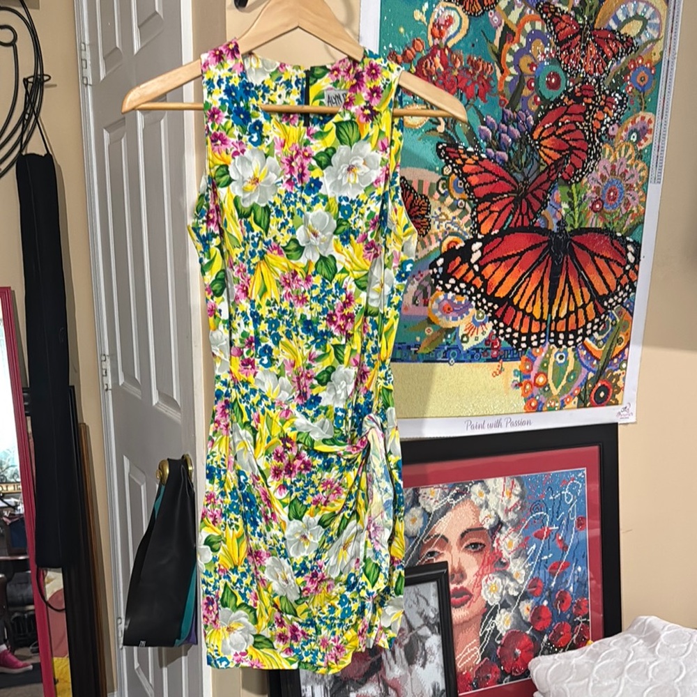 Alyn Paige Yellow and Green Sheath Mini Dress Halter Sleeveless